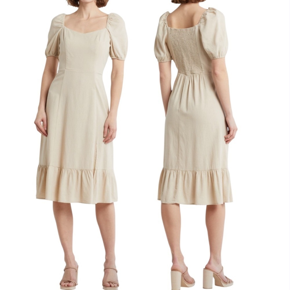 Ellen Tracy Sweetheart Neckline Balloon Sleeve Flounce Linen Midi Dress Sz Large
